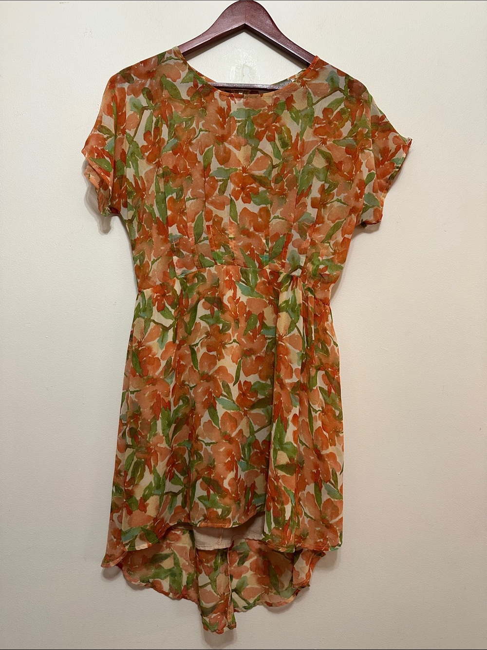 Love 21 Orange & Green Floral Hi‑Low Chiffon Dress